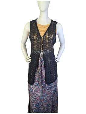 Black Open Weave Long Vest With Asian Inspired Buttons | Boho Festival | Size M